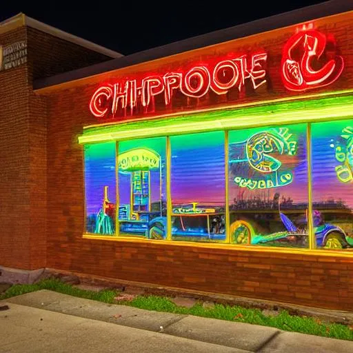 Prompt: Psychedelic rural Chipotle seen from the outside from a distance at night