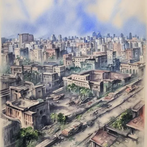 Prompt: Manila in Ruins 1945 in watercolor