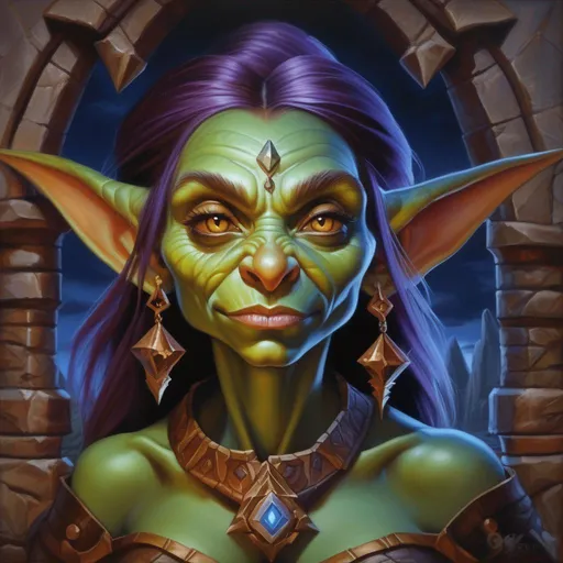 Prompt: Goblin sorcerer, female goblin, Dungeons and Dragons character art, oil painting, background consists of magical ruins at twilight, her expression is one of wonder, she is wearing expensive adventurer clothing, art inspired by "World of Warcraft", detailed symmetrical face, real, alive, real skin textures,