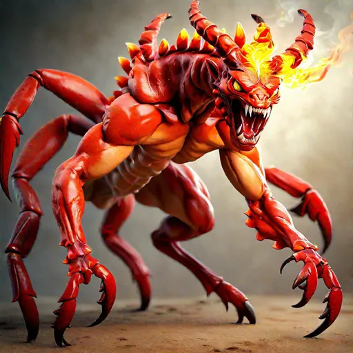 Prompt: Overalll Styling:
Hyper realistic, a centaur chimera hybrid with double crab claw, jackal face, tail of a scorpion, sturdy sharp claw out of elbow, red flaming fiery hair challenging action pose, huge muscular body type, 
Composition:
centered, approach to perfection, cell shading, 4k , cinematic dramatic atmosphere, watercolor painting, global illumination,  artstation, concept art, fluid and sharp focus, volumetric lighting, cinematic lighting,Joe Quesada, masterpiece, best quality, ultra-detailed, illustration, colorful, depth of field

fuji mountain in the background
