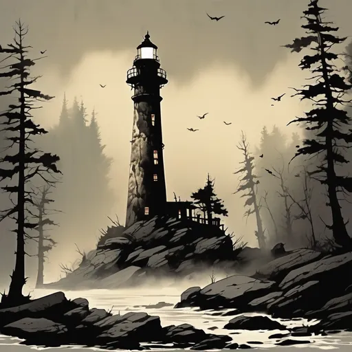 Prompt: A spooky abandoned lighthouse surrounded by trees and rocks, fog, rustic, in the style of Frank Frazetta, 