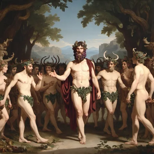 Prompt: Dionysus with his parade who are satyrs and silenus