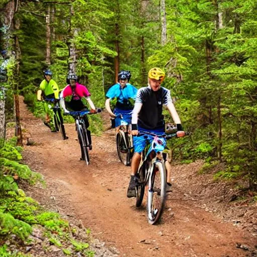Prompt: Several mountain bikers on e-mtb  riding down a mountain in bright colors and the style of mondriaan