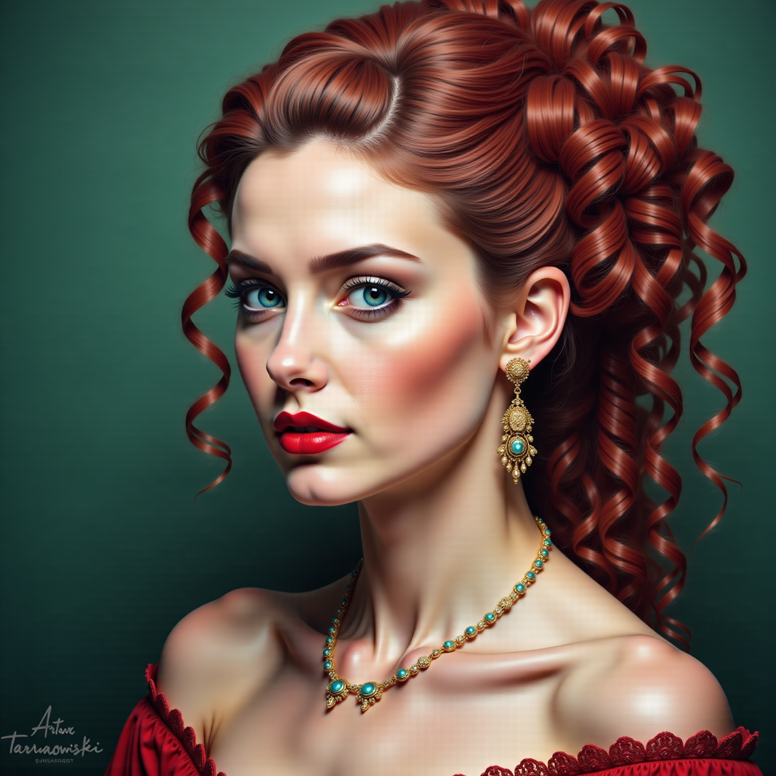a painting of a woman with red hair and green eyes w...