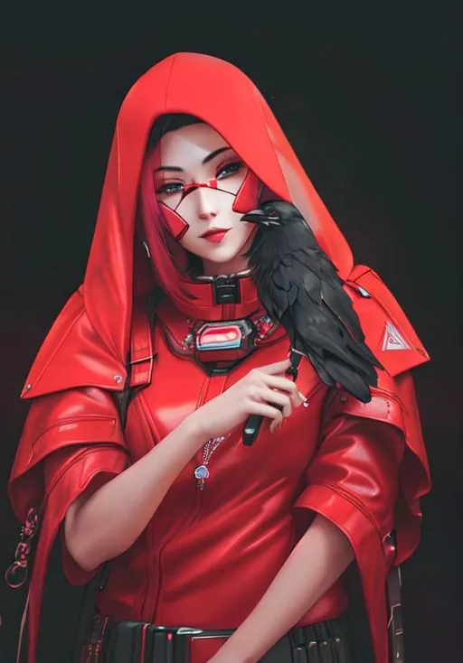 Prompt: A lady who wears all-red attire with a metal beaklike mask, and hat, cyborg arm, black backpack, holographic Raven gadgets and accessories, cyberpunk, outdoor, street, hyperrealism, photorealistic, 8k, unreal engine, 3d render --ar 9:16 --s 750 --niji 5 --style expressive --s 400