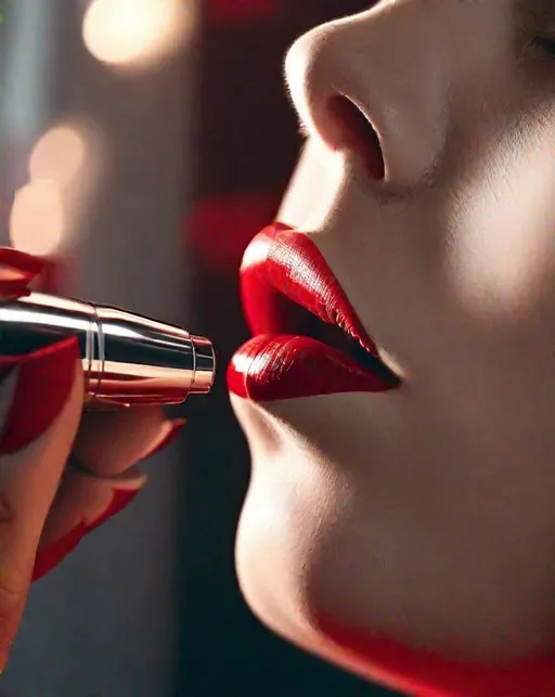 Prompt: A close cropped shot of someone applying red lipstick, focused intimately on the mouth. Soft even lighting flatters the colors. With the style of classic cosmetics advertisements.