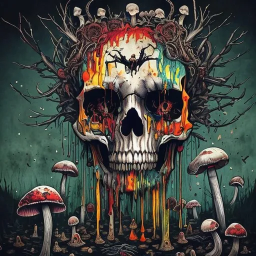 Prompt: A colorful art with skull, melting eyes, crows, crown and mushroom all in one