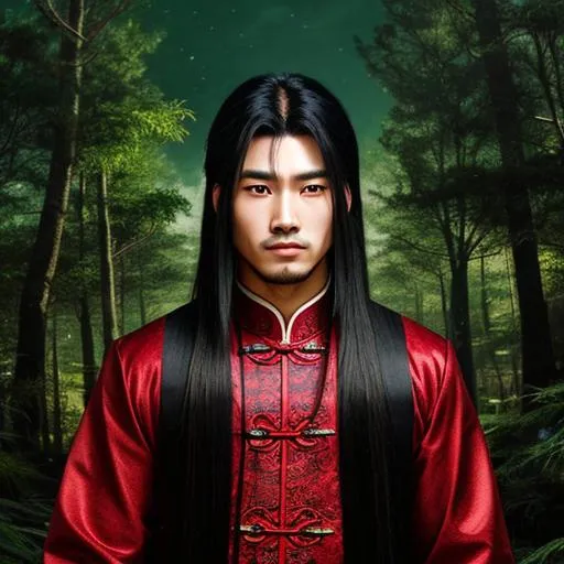 Prompt: Chinese male cultivator with long black hair, anime style, a dark forest background and a spirit floating around.