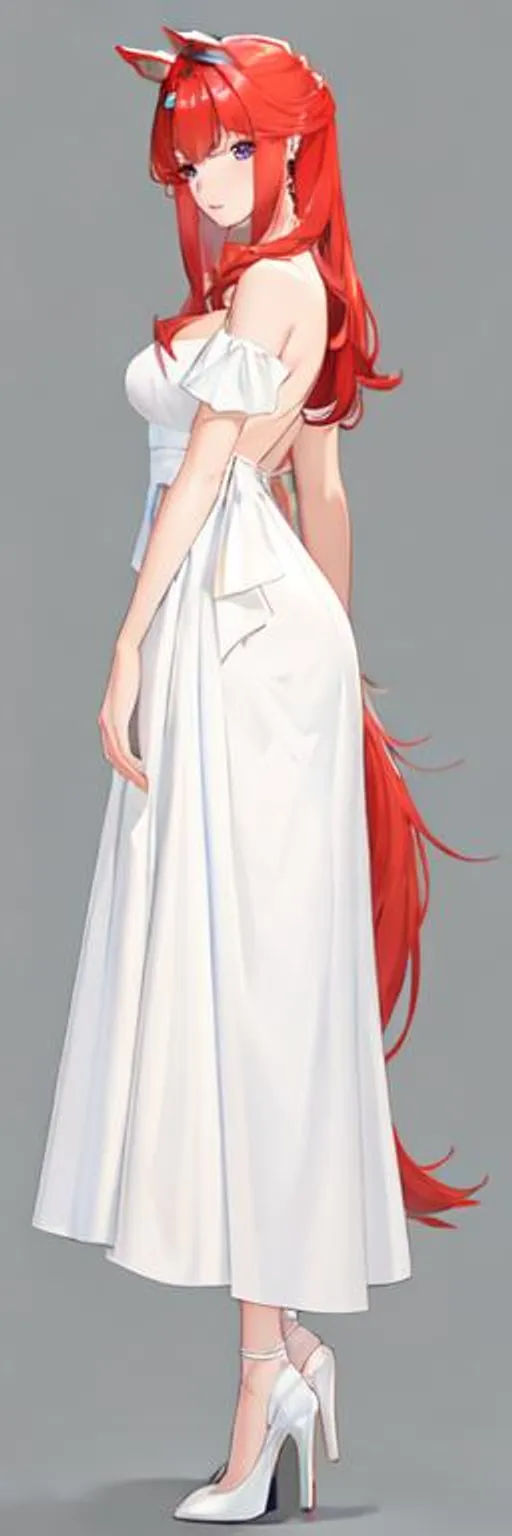 Prompt: Haley as a horse girl with bright red side-swept hair, crying, wearing a white and gold slim royal gown