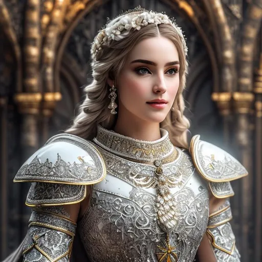 Prompt: create hig quality photograph of  beautiful female princes in white medieval knight armor, extremely detailed face, extremely detailed environment, extremely detailed background, intricate, extremely detailed skin, natural colors , professionally color graded, photorealism, 8k, realistic, moody lighting, ambience lighting