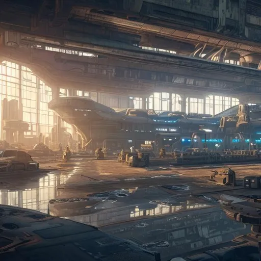 Prompt: futuristic dilapidated shipping terminal, several spaceships, art nouveau, interior, realistic details, photorealistic, 8k render, cinematic lighting, ultra detailed