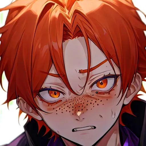 Prompt: Erikku male adult (short ginger hair, freckles, right eye blue left eye purple) UHD, 8K, Highly detailed, insane detail, best quality, high quality, in pain