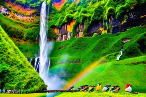 Prompt: A beautiful waterfall scenery and many colourful birds are flying.