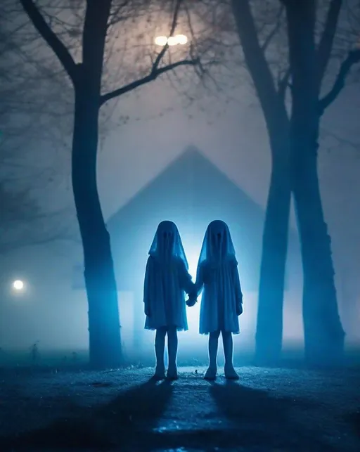 Prompt: Medium range shot of Pale ghostly children holding hands stand eerily on an abandoned playground at night, partly obscured by fog.  Eyes locked on camera, Shot in chilling blue hour lighting with shallow depth of field. Haunting, unsettling, nightmare fuel.