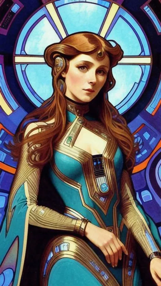 Prompt: alfons mucha style painting of a beautiful girl, futuristic, star trek, tech noir, highly detailed, masterpiece, elaborate background, accurate detailed faces, accurate hands
