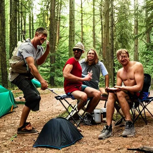 Prompt: show me men having fun camping