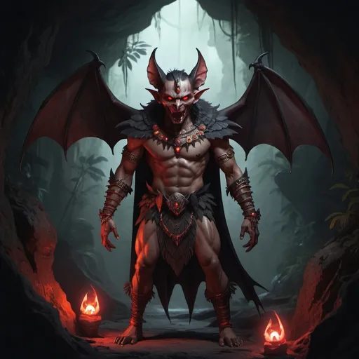 Prompt: Full body, Fantasy Illustration of male Mayan bat demon, inccubus bat ears and bat wings, delicate Mayan jewelry and headwear, sharp fangs, red glowing eyes, evil greedy gaze, dark and eerie lighting, spooky atmosphere, high quality, rpg-fantasy, detailed character design, atmospheric, jungle cave background