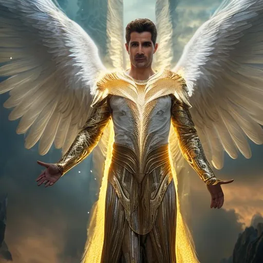 Prompt: photorealistic of beautiful. 8K resolution of Gabriel Archangel as depicted the Bible as  a tall, majestic being with wings, symbolizing his heavenly nature and ability to travel swiftly between realms. He is portrayed as radiating divine light and exuding an aura of authority and holiness.