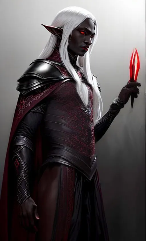 Prompt: A Drow elf male with a handsome European face, ebony skin, glowing fully red eyes and long straight ashen white hair standing in a dark barely lit throne room and wearing a set of rich fine clothes made of red velvet and black leather that are embroidered with delicate web like designs made of silver.