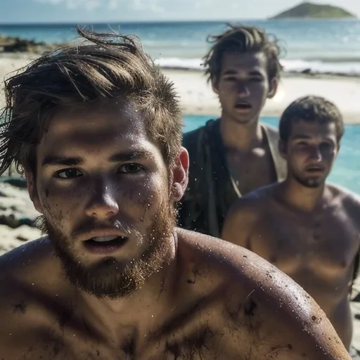 Prompt:  Young college-age men shipwrecked on an island, minimal clothing,  filthy, growing beards,  no more than five in a picture, daily island life, dramatic lighting, natural earthy tones, rugged and adventurous atmosphere, dense jungle background, sandy beach, ultra-detailed, 4K, cinematic masterpiece, highly realistic facial close-ups, young men becoming wild and savage