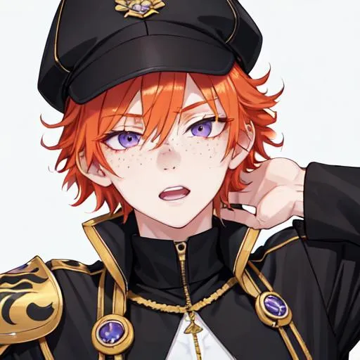 Prompt: Erikku male (short ginger hair, freckles, right eye blue left eye purple) muscular, UHD, 8K, Highly detailed, insane detail, best quality, high quality. hands in the air, wearing a sideways baseball cap, black jacket, black shorts