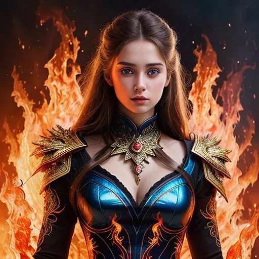 Prompt: A very detailed girl who is covered in fire dress and flames are spread all over her body but her eyes are blue in colour depicting the fire and ice 
Her dress is veri delicately designed , fire flames cover wide range 
Black Smokey background 
Sophisticated, hyper realistic , realism , heroic , vivid colours 
Oil painting 
UHD,4k, oil painting 