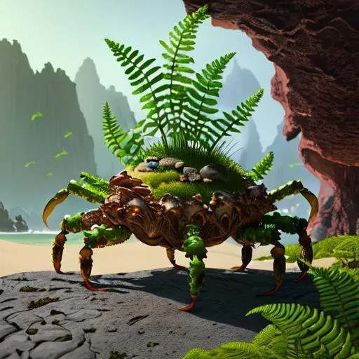 Prompt:   Metal shell crab character ,Zahara, clouse-up,
 hyperrealistic, photorealistic, ultra-detailed, intricate details, unreal engine, octane render, bioma of sand, cavern in the sand   and amazing landscape ,rocks and gigant green fern, 4k. A vine covered tutor in the style of alexander jansson and gediminas pranckevicius mystical, magical, bloosom, volumetric lighting.