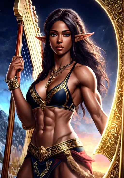 Prompt: UHD, , 8k, high quality, poster art, (( Aleksi Briclot art style)), hyper realism, Very detailed, full body, muscular, view of a young female elf, playing a harp shirtless, dark skin. mythical, ultra high resolution, light and shading in 8k, ultra defined. 