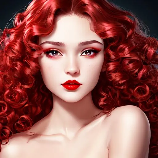 Prompt: 4K, full hd, glossy soft glass skin girl, red lips, detailed face, curly long hair, makeup