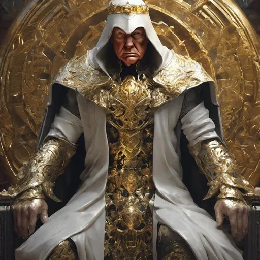 Prompt: Gold, Onyx, Damascus Royal King Donald Trump wearing a body armour cloak filigree fantasy clothing, insanely detailed cinematic immersive face portrait photography majestic beautiful fierce attractive intricate and hyperdetailed painting by Ismail Inceoglu Huang Guangjian and Dan Witz CGSociety ZBrush Central fantasy art album cover art 4K 64 megapixels 8K resolution HDR