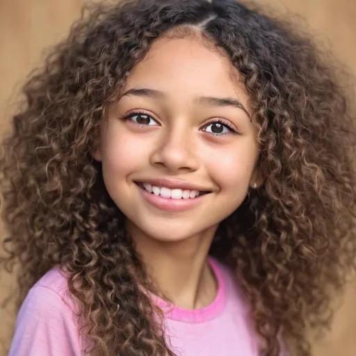 Prompt: cute 8 year old girl with brown frizzy hair and light skin and dimple on right cheek