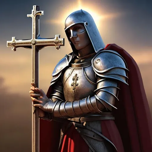 Prompt: Crusader knight on holding a cross in both his hands