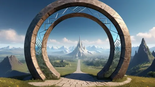 Prompt: circular portal, gateway between cities realms worlds kingdoms, ring standing on edge, freestanding ring, 9 chevrons on ring, complete ring, panoramic view
