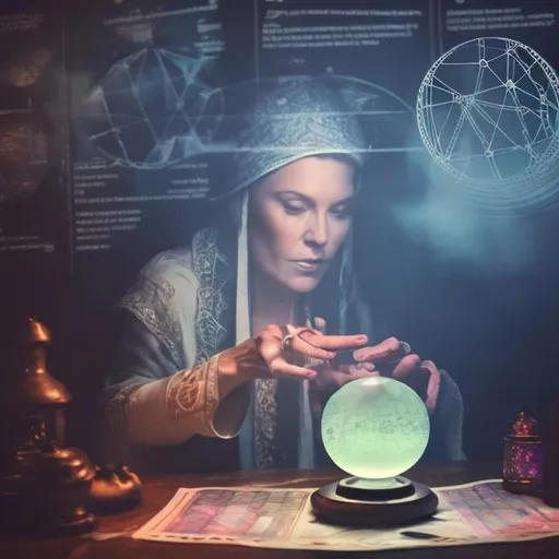 Prompt: A foggy picture of a fortune teller staring into a single crystal ball. The crystal ball sits on a table with large pile of charts and line graphs on it. Inside the crystal ball you can see a line graph is several lines trending upwards




