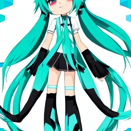 Prompt: Hatsune Miku (Japanese: 初音ミク), also called Miku Hatsune, and officially code-named CV01,[2][3] is a Vocaloid software voicebank developed by Crypton Future Media and its official anthropomorphic mascot character, a 16-year-old girl with long, turquoise twintails. Miku's personification has been marketed as a virtual idol, and has performed at live virtual concerts onstage as an animated projection (rear-cast projection on a specially coated glass screen).[4]

Miku uses Yamaha Corporation's Vocaloid 2, Vocaloid 3, and Vocaloid 4 singing synthesizing technologies. She also uses Crypton Future Media's Piapro Studio, a standalone singing synthesizer editor. She was the second Vocaloid sold using the Vocaloid 2 engine and the first Japanese Vocaloid to use the Japanese version of the 2 engine. The voice is modeled from Japanese voice actress Saki Fujita.