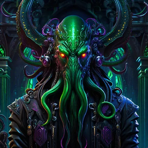 Prompt: "head and shoulder face portrait of a Cthulhu with tentacles wearing cyberpunk filigree tech-wear standing inside a dark gothic cluttered living space, Hyperrealistic, splash art, concept art, mid shot, intricately detailed, color depth, dramatic, 2/3 face angle, side light, colorful background"