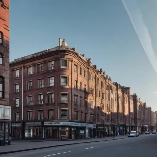 Prompt: Late tall 1900s buildings road with 1930s black cars high resolution veiw 4k daytime nice weather light blue sky 