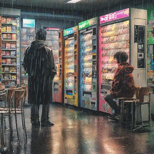 Prompt: vending machines in rainy tokyo. Inside of a store. photo-realism. table and chairs. lottery machine. customer. grumpy clerk behind counter. lots of fluorescent light. 