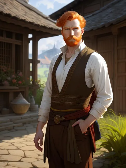 Prompt: a  ginger hair, obesee, no beard, short hair, worried,  male old villager, novigrad, human, beautiful intricate exquisite imaginative exciting,full pose with relaxed pose, poor clothes, farmer clothes,  by ruan jia, tom bagshaw, alphonse mucha, krenz cushart, beautiful horseteed in the background, vray render, artstation, deviantart, pinterest, 5 0 0 px models, evening
