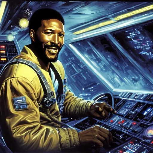 Prompt: oil painting of Marvin Gaye piloting the millennium falcon 4K 8K. 