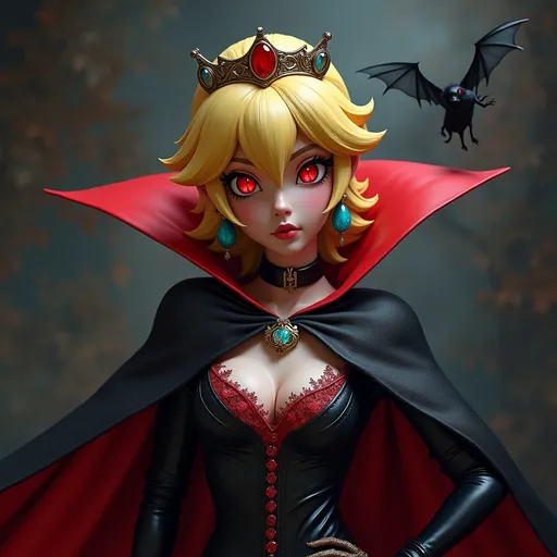 Prompt: princess peach get bitten by a vampire bat and start turing into a vampire ther eyse turn red her gloves are not patten leather black   and she has on a vampire cape with collar up