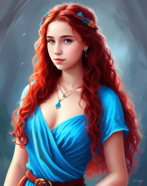 Prompt: Attractive teenaged human female, very small chest, pretty blue dress and long curly red hair, highly detailed, digital painting, Trending on artstation, HD quality, d&d, fantasy, high art (retain models  face)