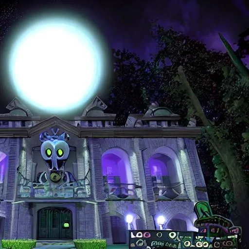 Prompt: Luigi’s mansion exterior dark and spooky 