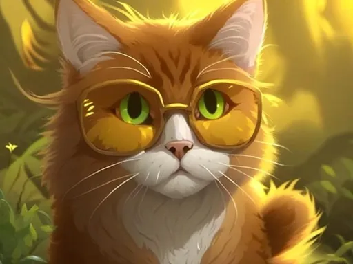 Prompt: a yellow cat staring at camera , serious lookin , wearing glasses, fluffy ,soft lighting ,(((pixelart:1.7)))
