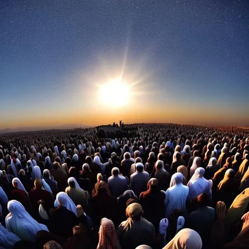 Prompt: Arab crowed standing on a hill looking at the sky, hands up to the sky praying, very beautiful, sun in the middle of sky