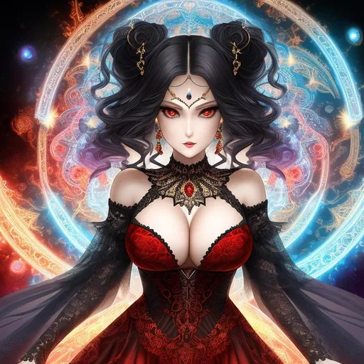 Prompt: A hyper detailed julia sets mandelbrot and (z² + c + (z² + c)) / (3z³ + c) formula in fractal loop mathematics inside full body fractal detailed impossible beautiful mature  esoteric scary woman of darkness, detailed beautiful face, detailed beautiful bright red eyes, golden silk, wearing vaporous diamantine night transparent lacy dress, discrete make up, glowing up, large curly duoble rainbow color julia sets fractal long balayage hair