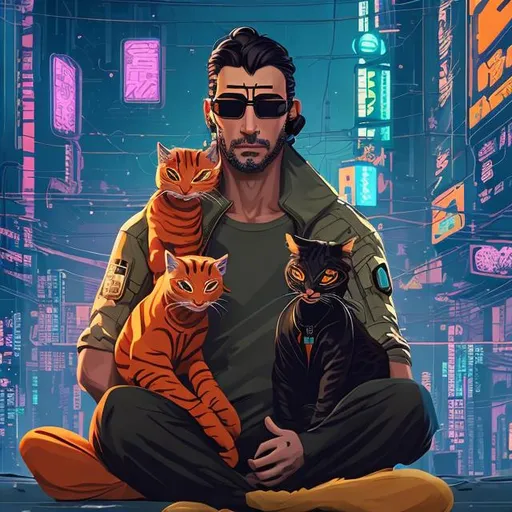 Prompt: A handsome lean light olive skin man with black glasses and light brown hair is meditating with a large orange cat and a small black cat on his lap, cyberpunk background 