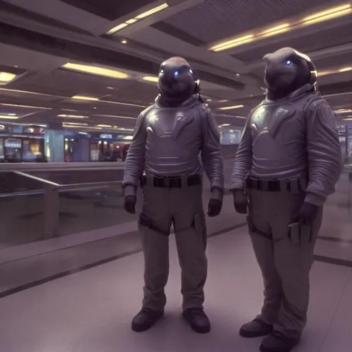 Prompt: Wombat security guards in a busy alien mall, widescreen, infinity vanishing point, galaxy background, surprise easter egg