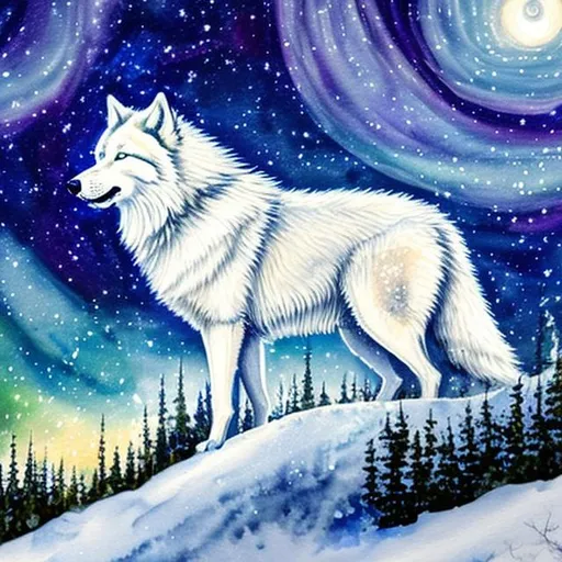 Prompt: An awe-inspiring portrayal of a majestic white wolf graces the canvas in a watercolor painting style. The first illustration captures the wolf howling at the moon amidst a starry sky, emanating a sense of mystique. In another illustration, the wolf dashes through a snowy forest, guided by the mesmerizing northern lights. The artwork portrays the wolf as a king of nature's beauty, presented in a remarkably realistic manner, with its fierce eyes capturing the essence of wildness and grace.

The white wolf is not alone; it belongs to a pack, which is depicted in a stunning watercolor painting. This mystical wolf pack conveys a sense of unity and strength. The wolf's spirit is evident throughout, whether it's depicted in the wild, under the night sky, or amidst the snow. Each scene beautifully showcases the wolf's breath, adding an element of mystification to the artwork.