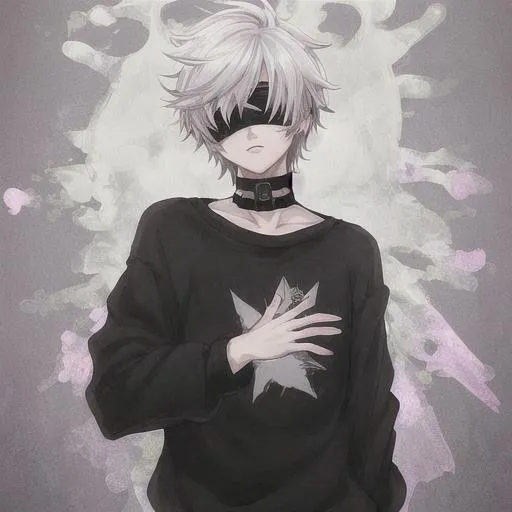 A white haired young anime boy, blindfolded, street